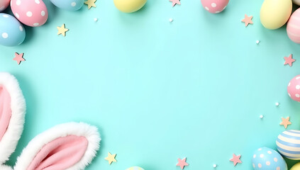 Pastel easter eggs and bunny ears frame a turquoise background with copy space for holiday greetings