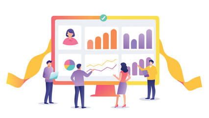 Team analyzing data on large screen with charts graphs and ribbon around it in a modern illustration
