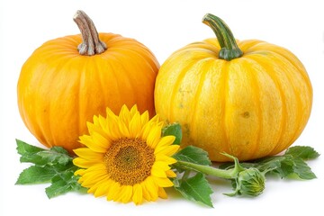 The image showcases sunflowers and pumpkins in a vibrant arrangement on a white background
