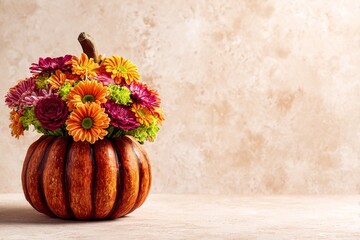 The Autumn Floral Arrangement features a carved pumpkin vase filled with a vibrant bouquet of autumn flowers