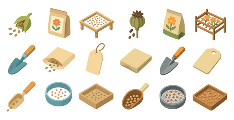Gardening and farming isometric icons set – seeds, tools, agriculture illustrations