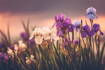 A tranquil scene of twilight irises unfolds, showcasing vibrant purple and blue blooms