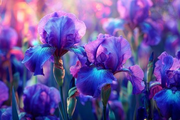 Twilight irises bloom peacefully, displaying a serene palette of vibrant purple and blue