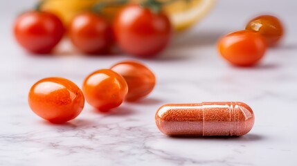 The image features healthy ingredients including vibrant capsules, fresh tomatoes, parsley, and orange slices on a marble surface