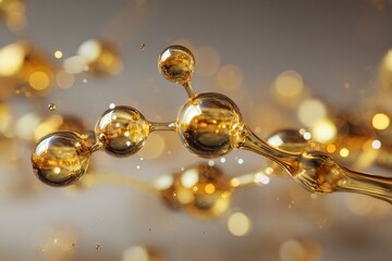 macro shot of a golden molecule floating in viscous fluid, glimmering highlights, abstract warm-tones background, depth of field, cinematic soft light