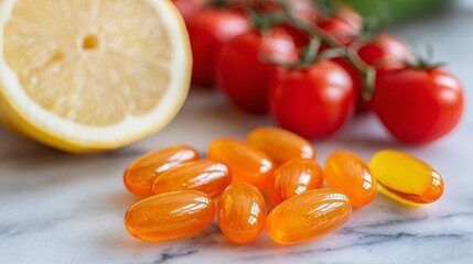 Healthy ingredients take center stage with vibrant capsules, fresh tomatoes, parsley, and orange slices arranged on marble