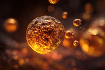macro shot of a golden molecule floating in viscous fluid, glimmering highlights, abstract warm-tones background, depth of field, cinematic soft light