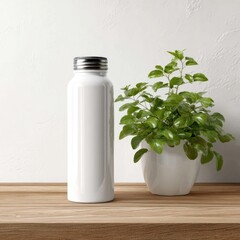 White water bottle and plant on a wooden surface