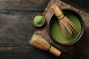 The Traditional Method of Preparing Matcha, Featuring an Elegant Tea Setup and Whisk
