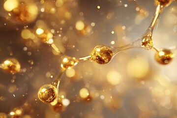 macro shot of a golden molecule floating in viscous fluid, glimmering highlights, abstract warm-tones background, depth of field, cinematic soft light