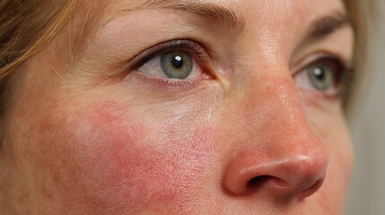 Side view of a persons face with progressive translucent puffiness spreading over eyelids and lips during an angioedema episode.