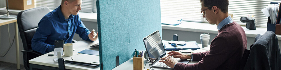 Header of Caucasian young men working at desks in modern office, both focused on laptops and...