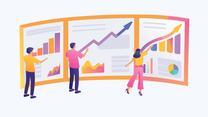 People analyzing charts and graphs on presentation boards in a business setting illustration design