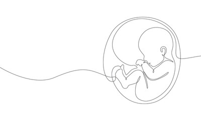 Baby embryo in womb one line drawing. Cute unborn fetus baby on mother womb isolated on white background, Baby embryo in womb in one continuous line drawing. Healthy pregnancy and premature symbol