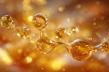 macro shot of a golden molecule floating in viscous fluid, glimmering highlights, abstract warm-tones background, depth of field, cinematic soft light