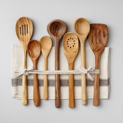 Wooden cooking utensils arranged on a cloth