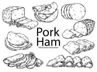 Set of hand drawn pork ham food illustration