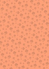 Seamless pattern of doodle mushrooms line art in autumn brown tone background. Autumn season wallpaper.