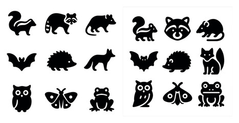 Obraz premium Wildlife silhouette icons set – solid, outline, animal and nature symbols