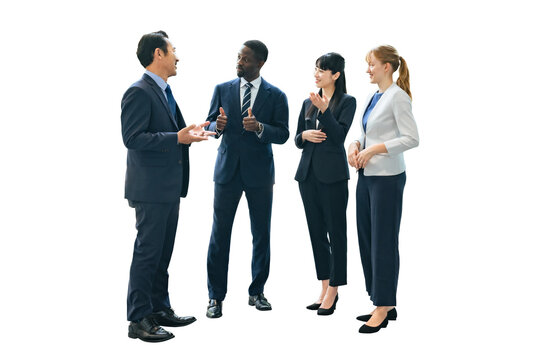 A group of multinational business people standing and talking. Full body photo PNG with transparent background precisely cut out with clipping path.