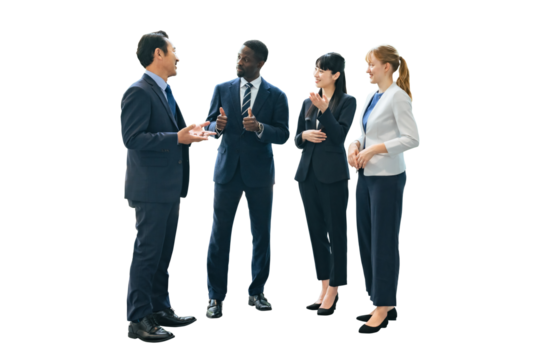 A group of multinational business people standing and talking. Full body photo PNG with transparent background precisely cut out with clipping path.