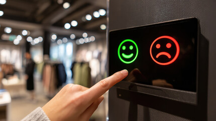 Customer opinion survey after leaving the store, smiling and sad faces in the form of buttons on the door