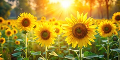 Fototapeta premium Vibrant yellow petals and lush green leaves of tall sunflower plants sway gently in the warm sunlight amidst a sea of golden blooms in a serene summer meadow