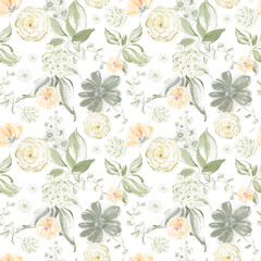 Watercolor floral seamless pattern with pale leaves and flowers. Botanical texture for textile, fabric, or wallpaper. Muted pastel garden background with organic branches and foliage.