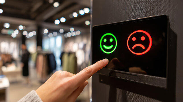 Customer opinion survey after leaving the store, smiling and sad faces in the form of buttons on the door