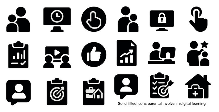 Parental engagement solid icons set – filled, digital learning and involvement graphics