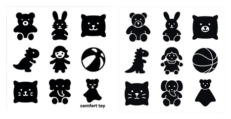 Comfort toys silhouette icons set – solid, filled, plush and cuddly symbols