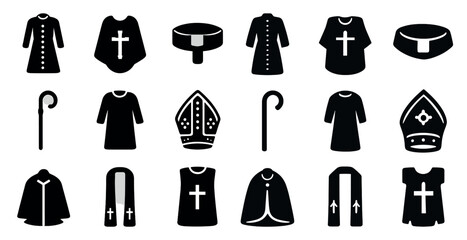 Religious garments silhouette icons set – spiritual, clerical attire symbols