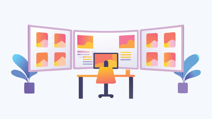 Illustration of a workspace setup with multiple monitors, desk, chair and plants in a light room