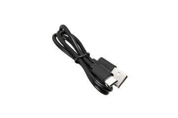 
A neatly coiled black USB-C to USB-A charging cable, isolated on a clean white back