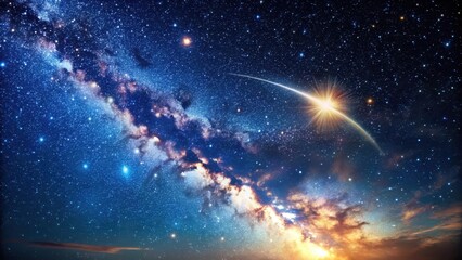 A bright falling star explodes in the Milky Way cosmic dust against a dark blue sky with numerous twinkling stars and a crescent moon