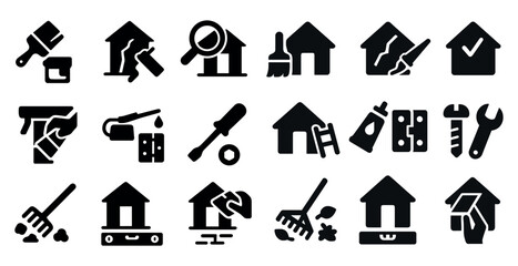 Home renovation solid icons set – tools, repair, diy project symbols