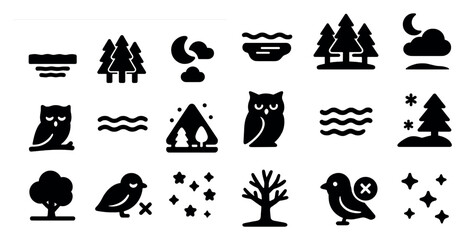 Obraz premium Nature and wildlife silhouette icons set – trees, owls, minimalist forest symbols