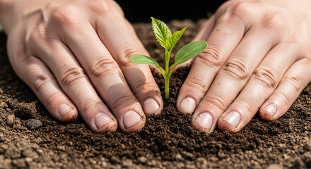Pair of hands providing nurturing care to a tender green seedling planted in rich, dark soil, symbolizing dedication to growth and sustainable farming.