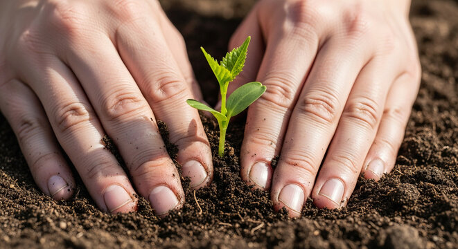 Close-up of two hands gently tending to a newly planted green seedling in dark, fertile soil, illustrating care and environmental stewardship.