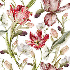 Watercolor floral seamless pattern. Hand painted leaves, meadow flowers, tulips. isolated on white background. Botanical illustration for textile, print, digital paper