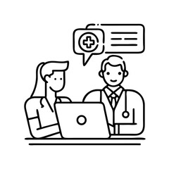 Medical consultation and doctor working on laptop line art illustration concept