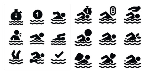 Swimming and diving solid icons set – filled, aquatic, water sports graphics