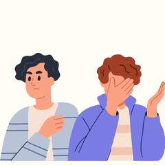 Obraz premium Two men expressing different emotions with one covering his face 