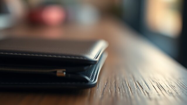 A sleek wallet lies on a wooden surface, highlighted by warm ambient lighting in a minimalist setting.