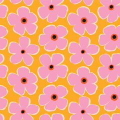 Bold Flower Seamless Pattern on Vibrant Background. Retro-inspired Floral Design Perfect for Summer Collections