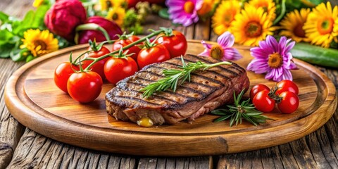Grilled steak and tomatoes on a wooden platter next to colorful summer flowers