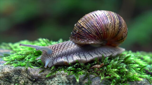 A close-up of a brown snail with a striped, spiraled shell crawling on vibrant green moss.