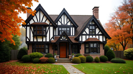 Tudor style house with black timber framing surrounded by autumn trees featuring stone path and brick chimney