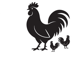 This high-quality black silhouette vector illustration features a proud rooster with two smaller roosters beside it, symbolizing leadership, family, and unity. The design uses bold