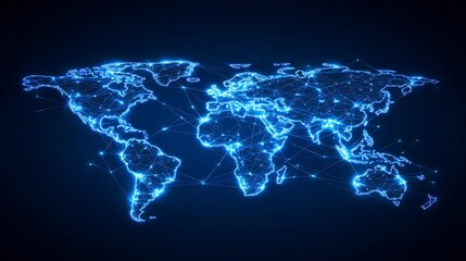 Glowing blue digital network of the earth s continents and oceans illuminated by bright lights on a dark background